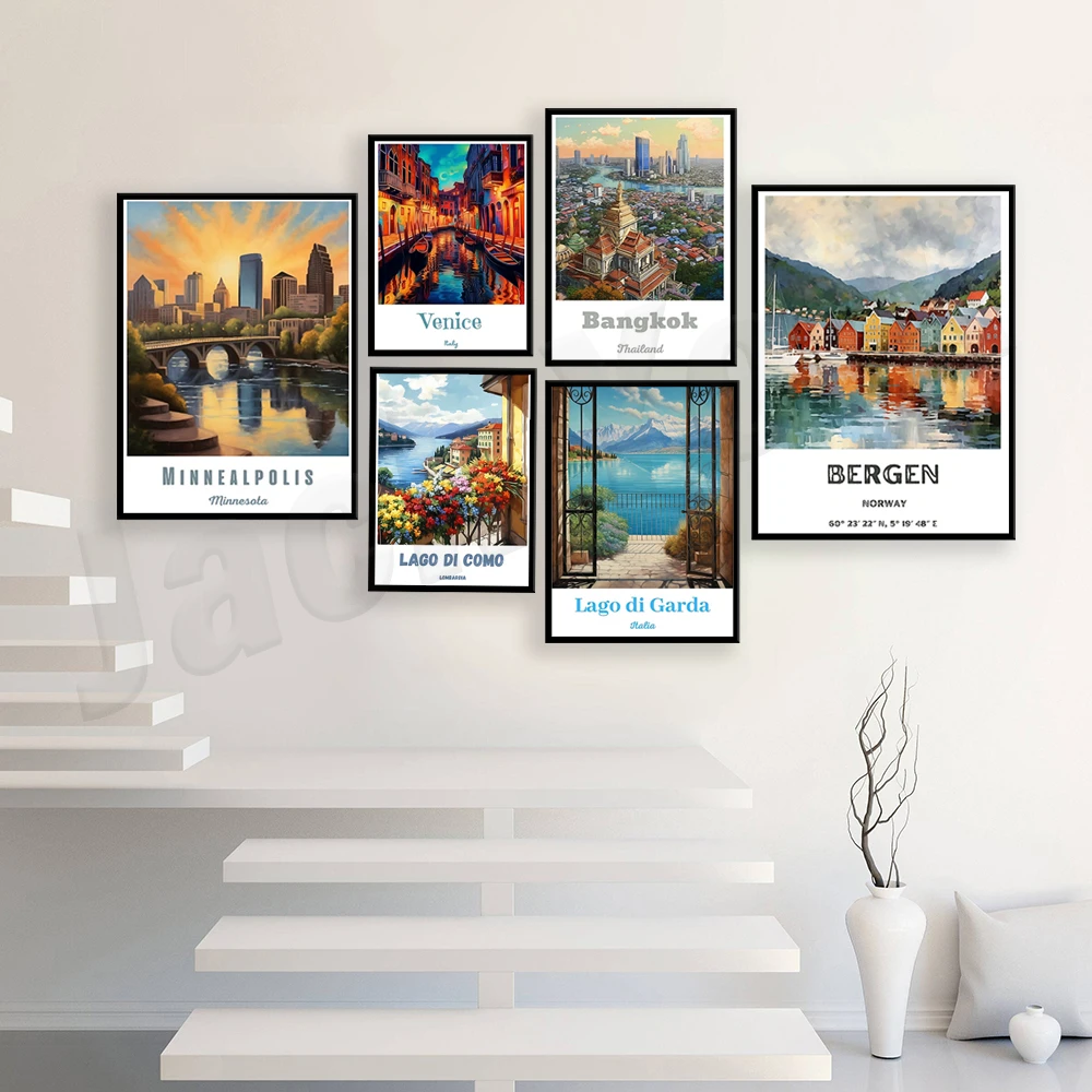 Thailand Bangkok, Venice, Chefchaouen, South Carolina, Bergen, Bukchon Hanok, Lake Garda, Minneapolis, Andalusia travel posters