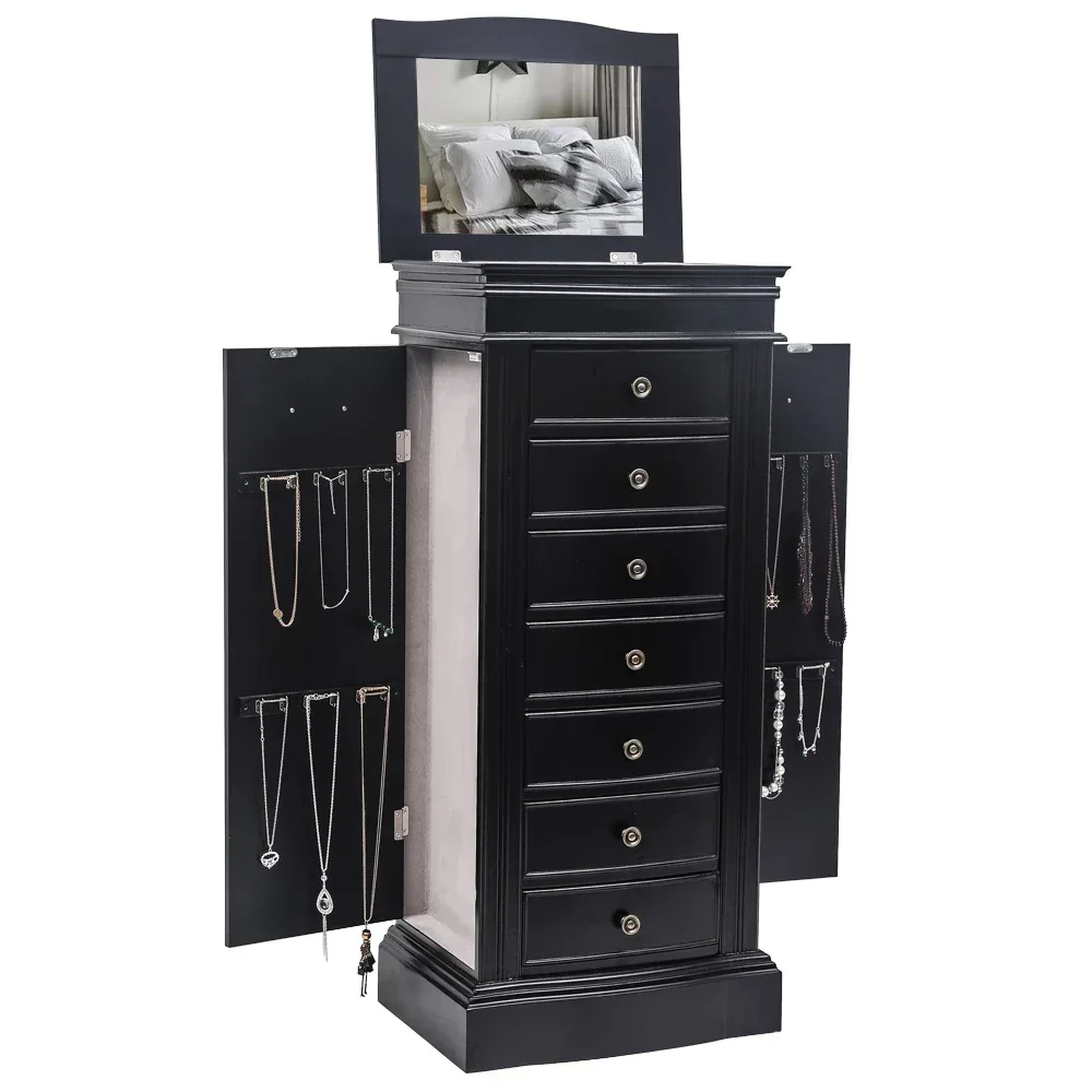 Jewelry Armoire with Mirror, 7 Drawers & 24 Necklace Hooks, 2 Side Swing Doors, Spacious Storage with Adjustable Shelves