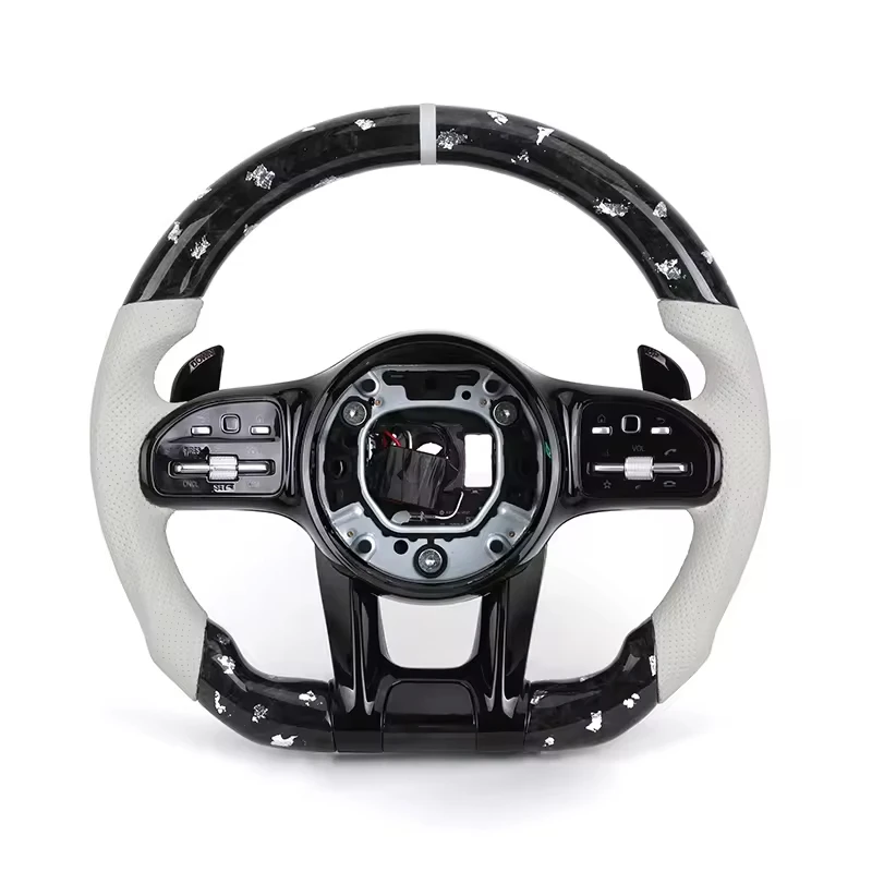 White Half Leather Forged Carbon Fiber Car Steering Wheel Compatible for Mercedes Benz W204-W222 AMG GT