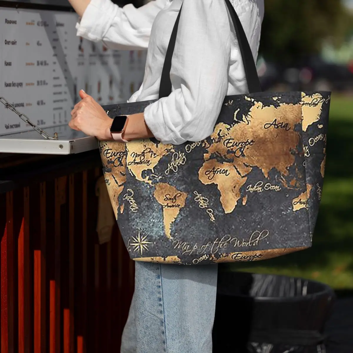

World Map 147 Gold Black Worldmap Map Beach Tote Bag Sport Gym Yoga Duffle Large Tote Bag Women Travel Bag Fitness bag