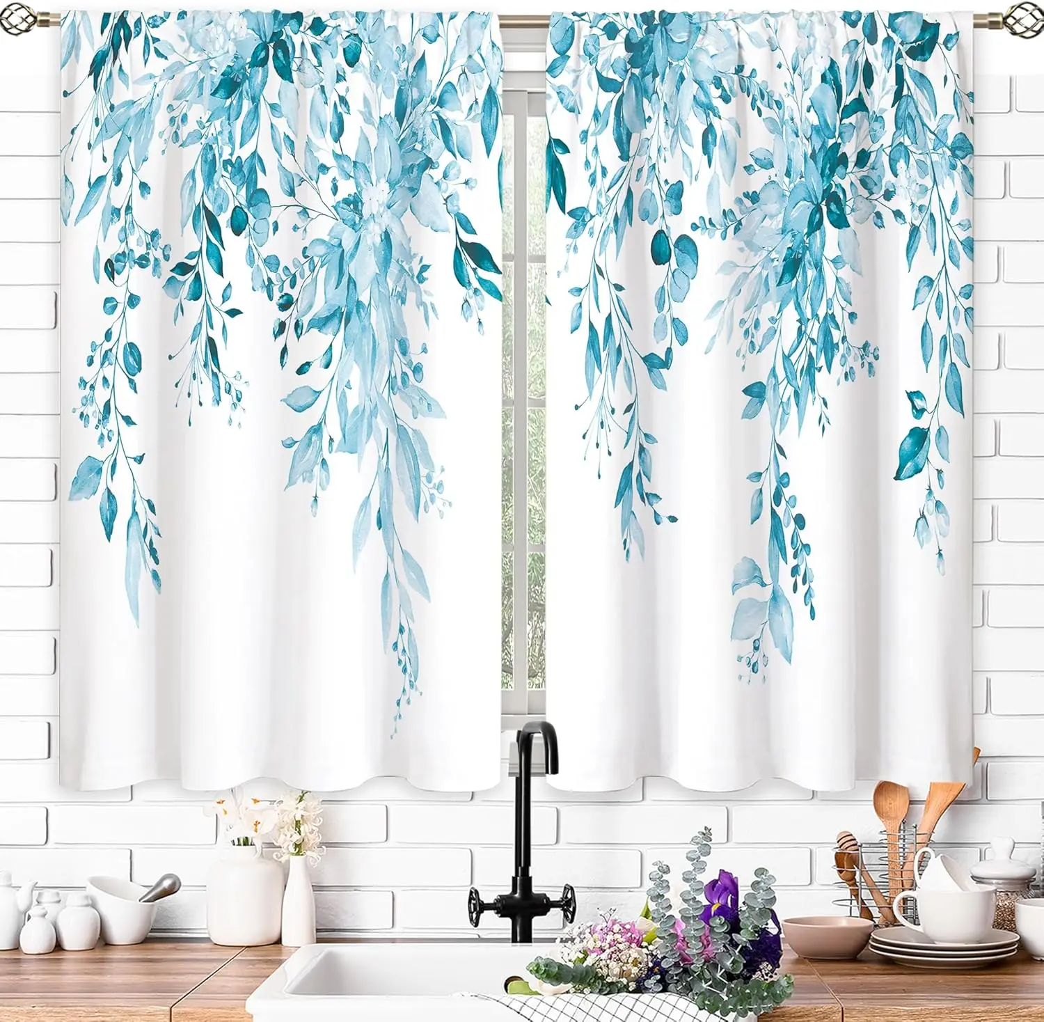 

Синие шторы с цветочным узором из листьев эвкалипта для кухонного окна, над раковиной, в стиле фермерского дома, с цветочным принтом, для небольших окон, для кафе
