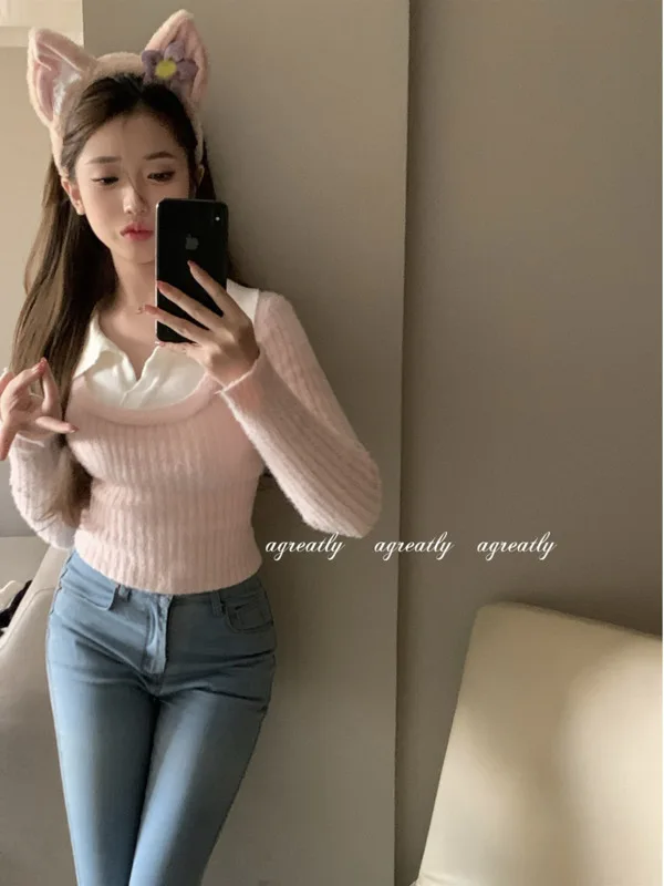 2024 Autumn/Winter Design Feeling Polo Collar Fake Two Pieces Versatile Slim Fit Short Sweater Knitted Top Outgoing Fashion VEI0