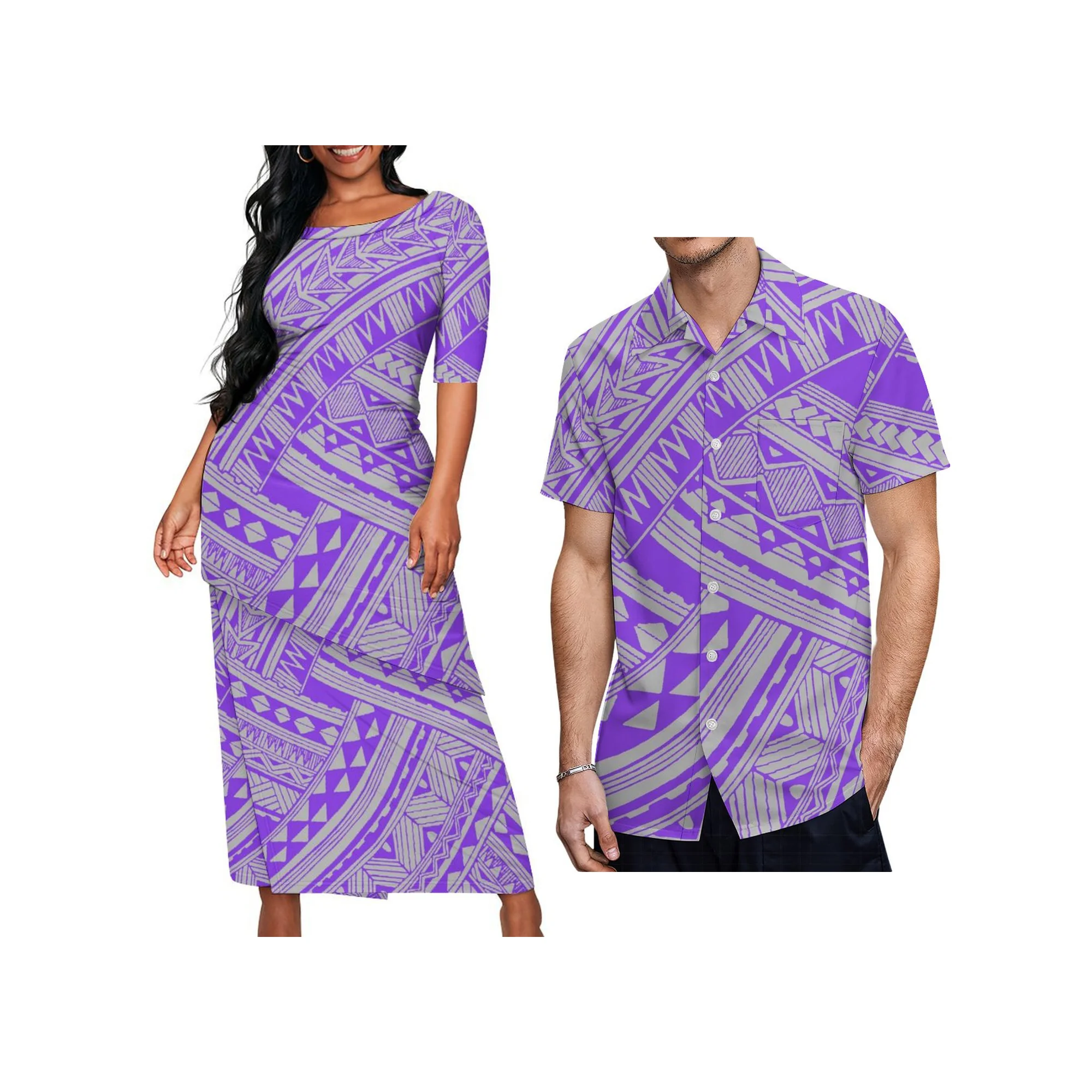 New Customized Polynesia Print Ladies Half Sleeve Oblique Hem Dress Tongan Puletasi Samoa  Set 2 Pcs Big Size Dress