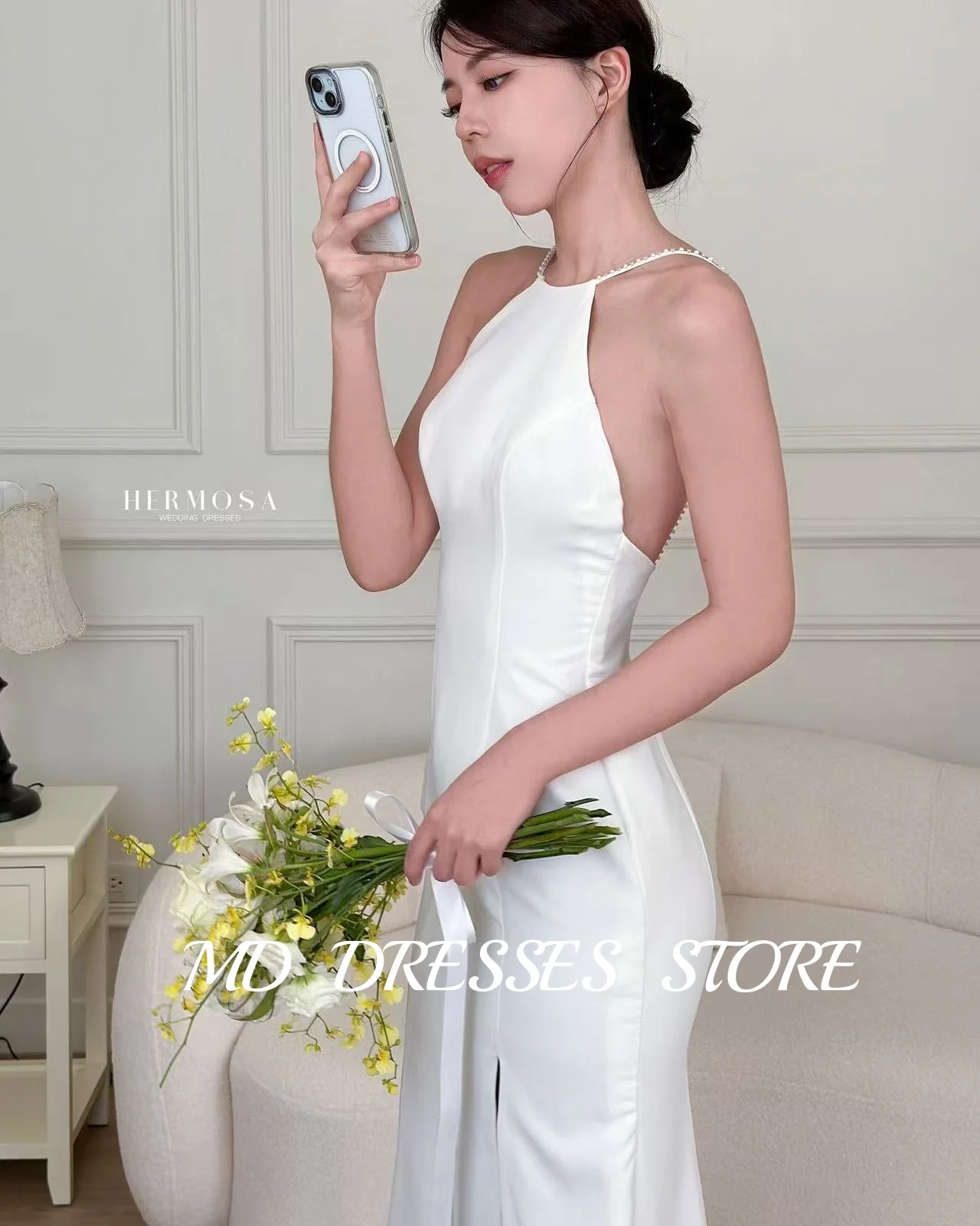 MD Elegant ชุดเดรสเมอร์เมด O-Neck ไหล่มุกเกาหลี PhotoShoot แขนกุดความยาวชั้น Backless ชุดเจ้าสาวที่กําหนดเอง