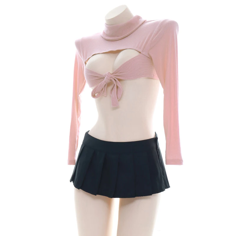 Women Office Lady High Neck Knit Long Sleeve Pajamas Unifrom Costume Anime Lolita Girl Pink Hot Lingerie Cosplay