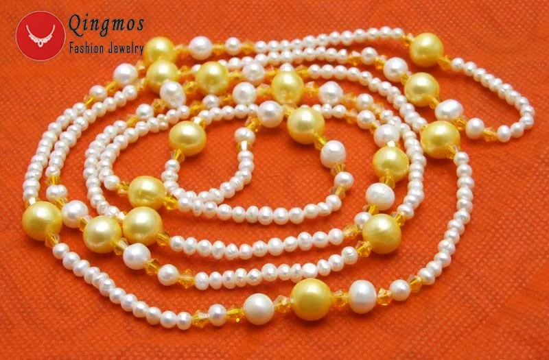 Qingmos 4-5mm Round Natural White Pearl Necklace with 10mm Yellow Round Pearl Pendant Necklace Yellow Crystal 45'' Long Necklace