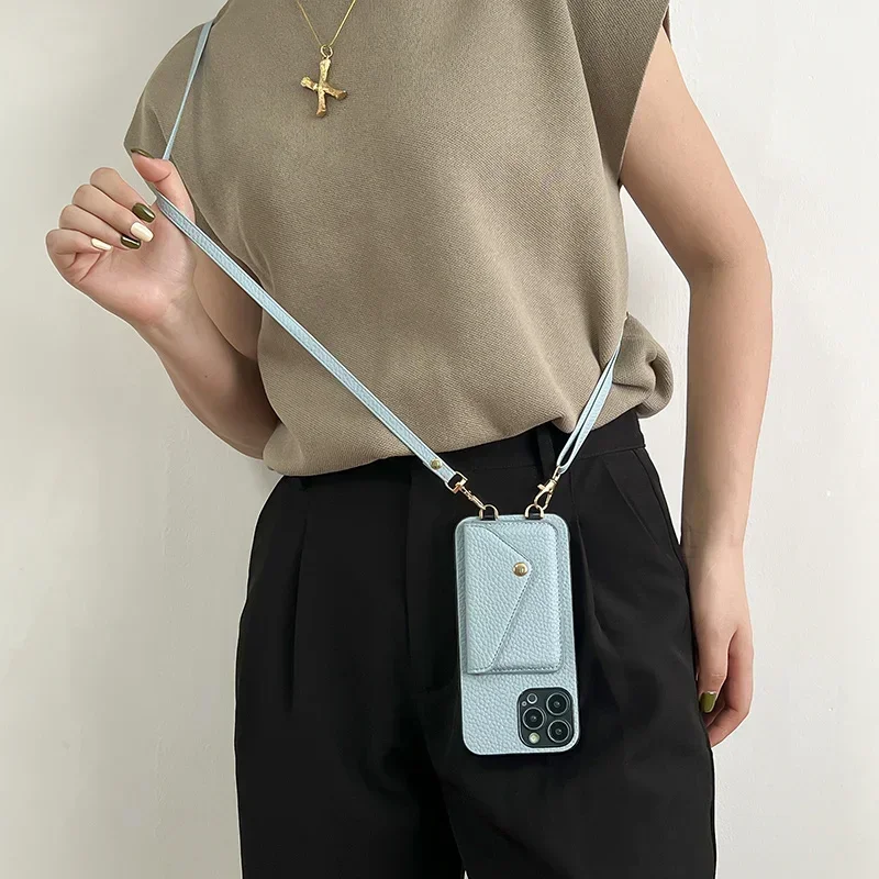 Lanyard Crossbody riem lederen telefoonhoesje voor iPhone 17 Air 16 15 Plus 14 13 12 11 Pro Max portemonnee met kaarthouder cover