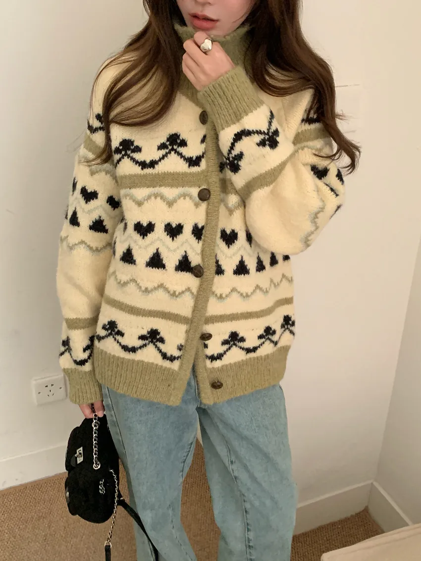 Korean style Vintage Color-Block Fair Isle Cardigan, Single Breasted Notched Collar Knit Coat, 2 Colors