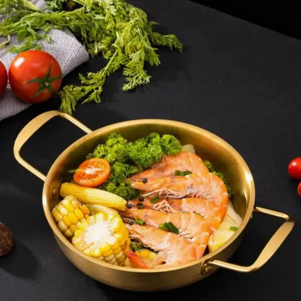 

1PCSeafood Small Gold Pot Stainless Steel Korean Style Pot Double Ear Soup Instant Noodles Gold Thick Durable Reinforced Dry Pot