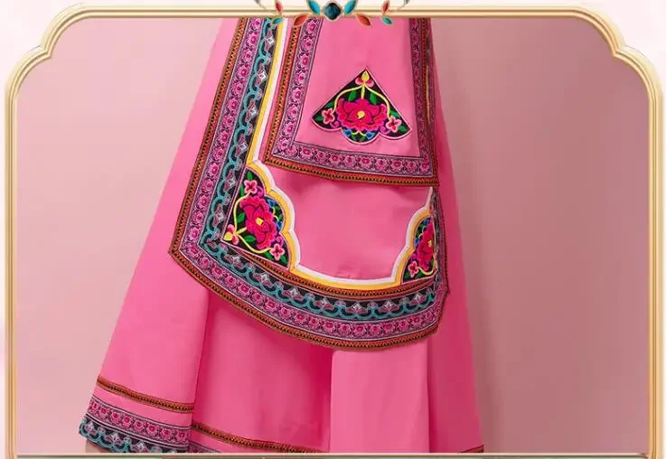 Robe de danse folklorique chinoise pour femme, ethnique Chiang, scène, anterie, rose, Sichuan, nouveau