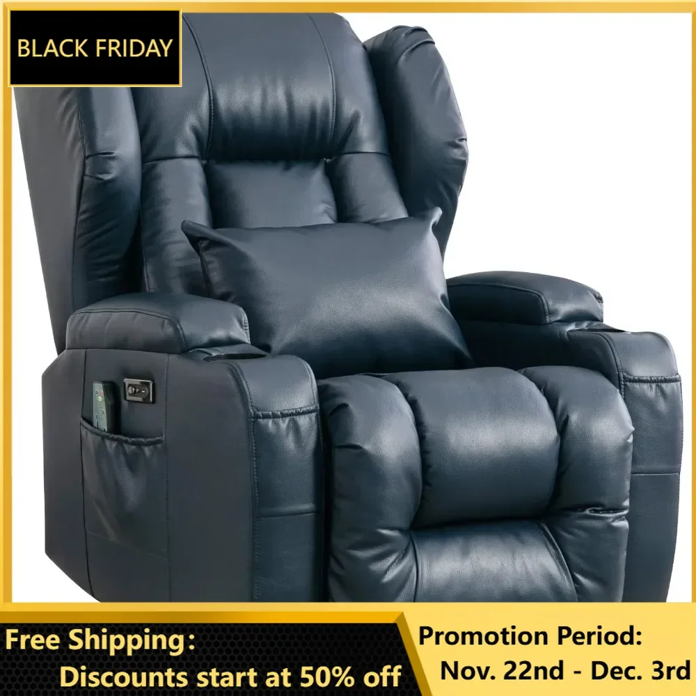 Power Recliner Chair with Massage & Heat, Comfy Home Theater Seating with USB Port, Led, Lumbar Pillow, Leather Recliner Sofa