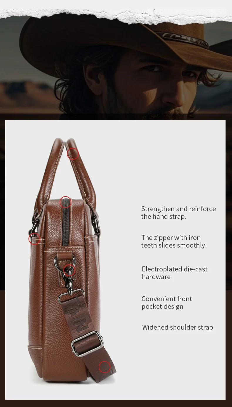 BULLCAPTAIN Echtleder Herren Aktentasche Business Handtasche Echtes Rindsleder Laptop-Tasche Casual Schulter-Umhängetasche für Männer – Detail 10