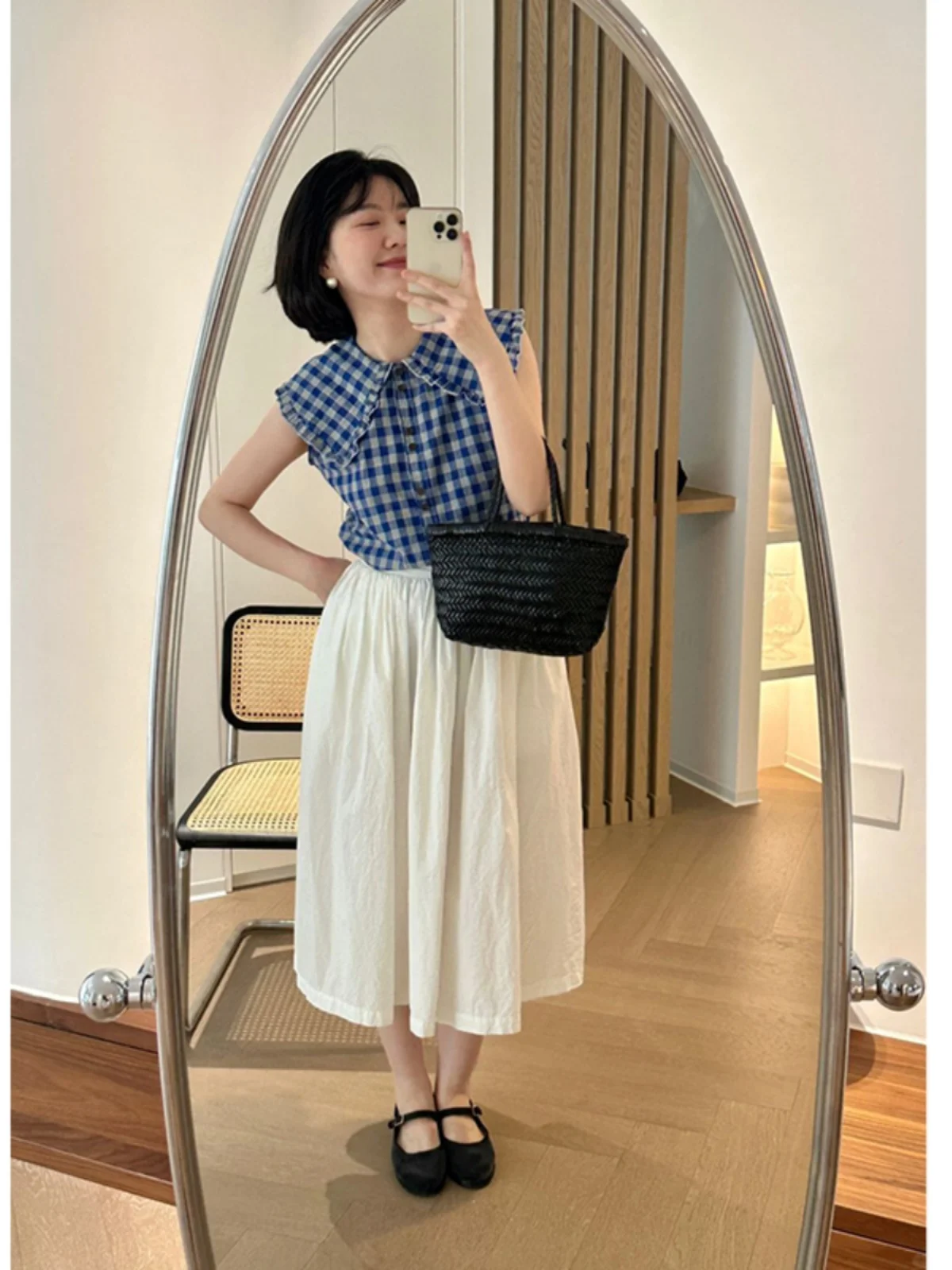 

Sweet Doll Collar Plaid irt Women's Summer New Sle Casual Loose Slim Fit Svel Top Vintage Faion Morning Bell Even...