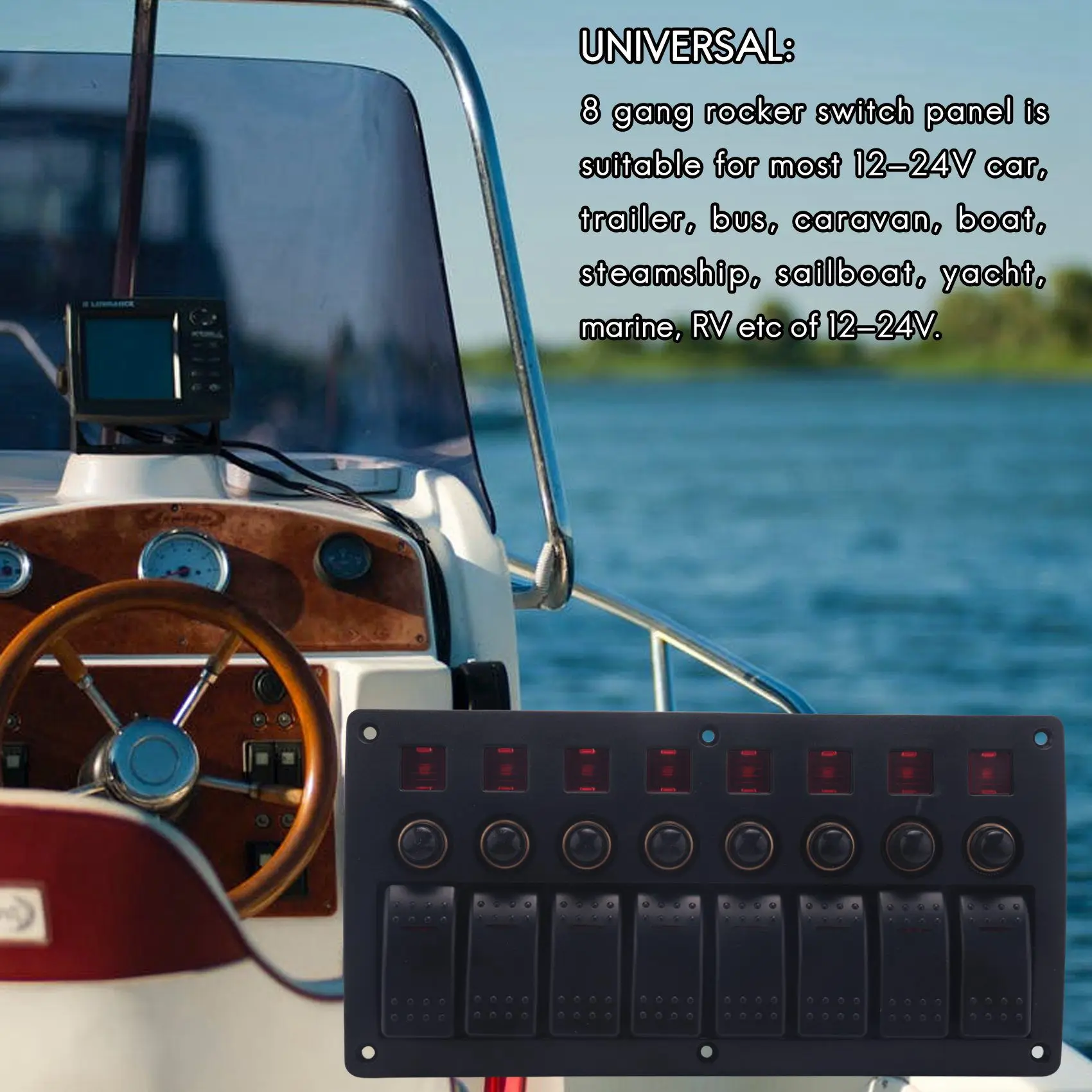 

A20K-Boat Car Marine Rocker Switch Panel 8 Gang 3PIN & Circuit Breaker Overload Protection Waterproof LED Switch Panel DC12/24V