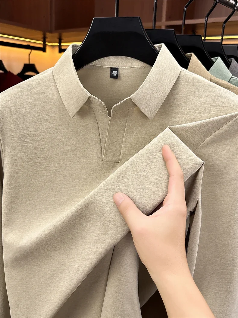 Herren Business Casual Langarm T-Shirt Frühling Herbst Bequemes Atmungsaktives Arbeitsoberteil für Formelle Anlässe Poloshirts Herren – Detail 7