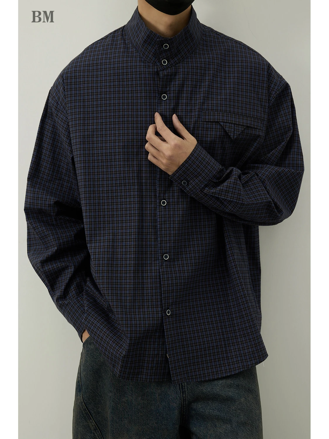 

Mens American Vintage Contrast Plaid Stand Collar Shirt Long Sleeve Loose Fit Casual High Quality Spring Autumn Light Coat