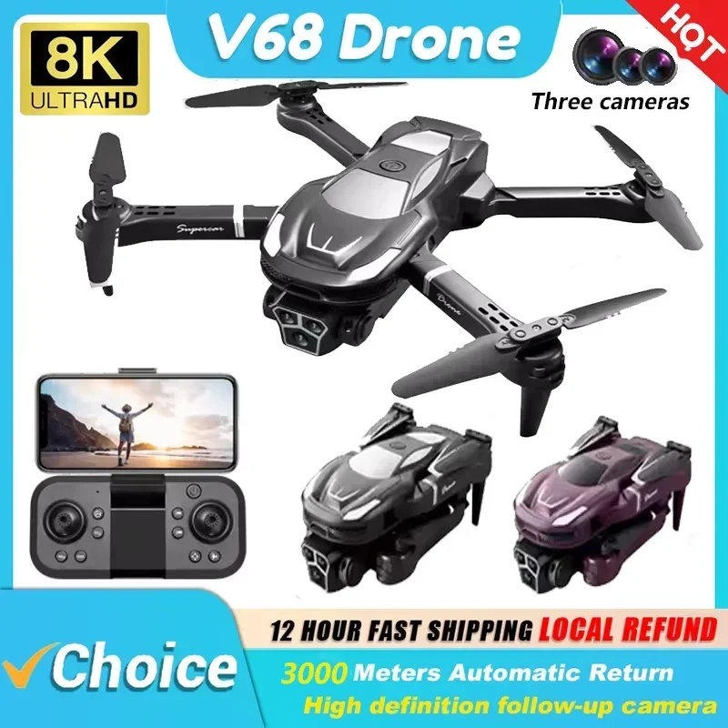 V68 RC 드론 8k 3중 HD 카메라 2.4G 4방향 장애물 회피 항공 촬영 광학 흐름 접이식 쿼드콥터