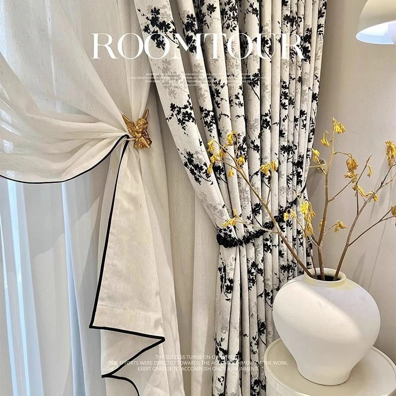 Elegant Artistic Black White Color Curtain Scheme High-end Window Curtains Flowers Plants Cyclic Lace Embellishment Curtains