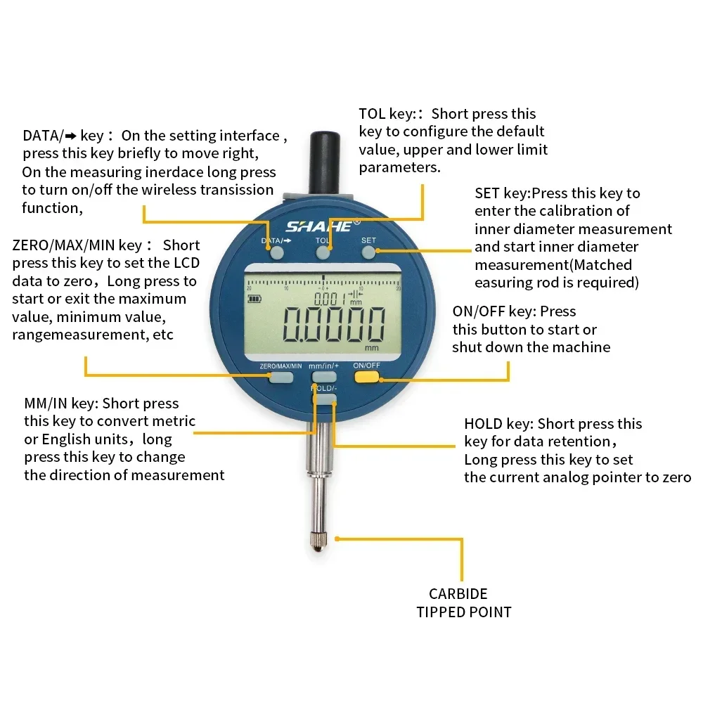 SHAHE Wireless Digital Indicator 0.5μm Resolution IP54 Electronic Indicator 0-12.7 /25.4/50.8mm With Rechargeable Battery