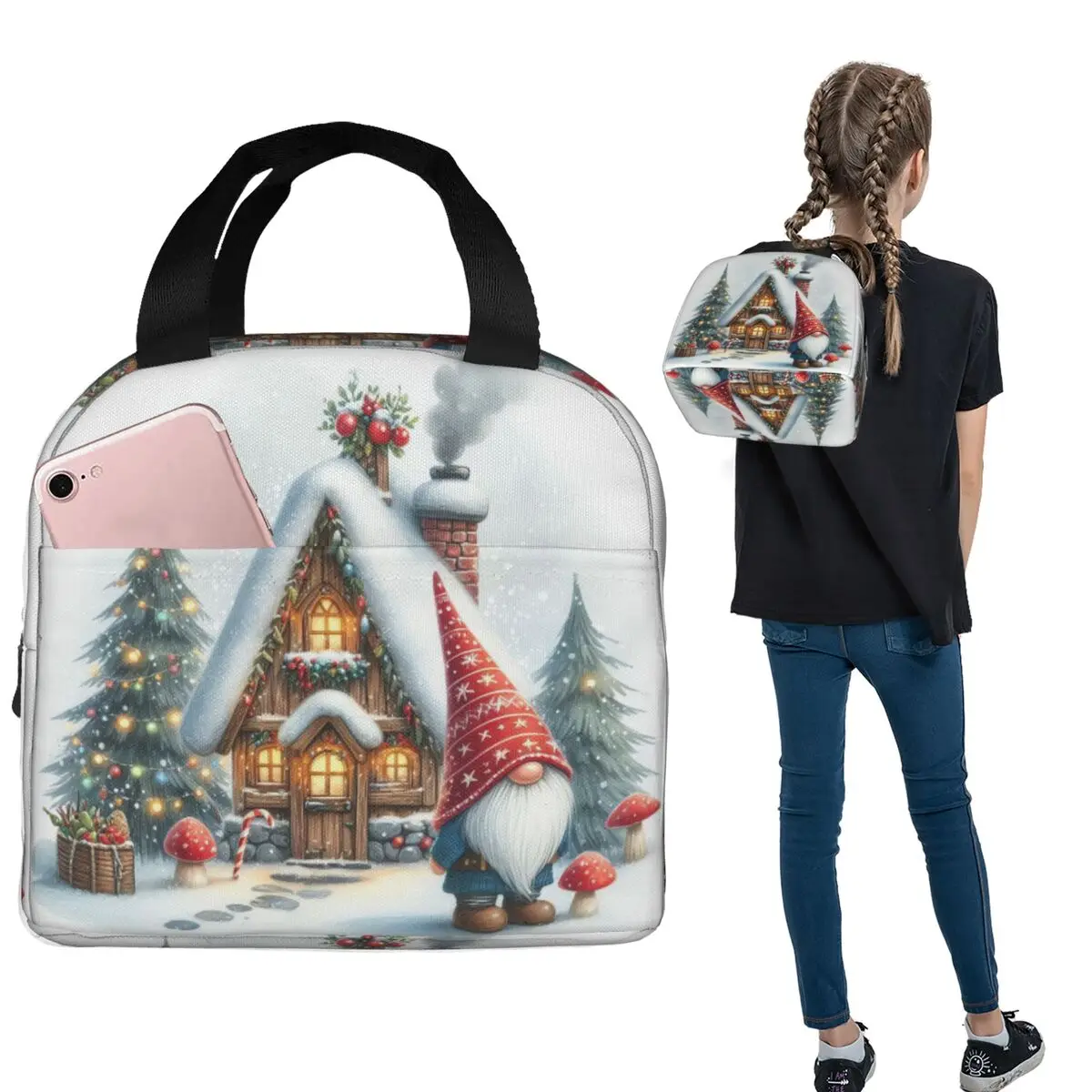 Cartoon Christmas House And Gnome Insulated Lunch Bag for Women Kids Portable Food Boxes Thermal Lunch Box Tote