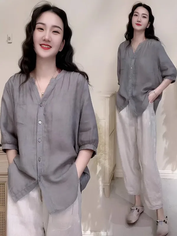 한국 스타일 순색 심플 린넨 여성 여름 얇은 루즈핏 브이넥 트렌디 스몰 원피스 패셔너블