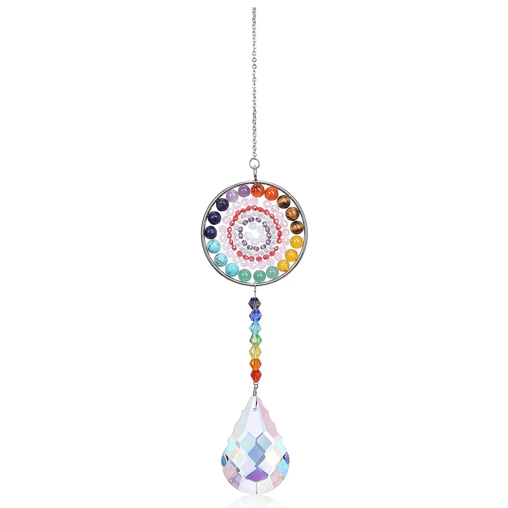 

7 Chakra Crystal Suncatcher Round Crystals Bead Pendant Hanging Prism Drop Sun Catchers for Windows Home Garden Decor ,A