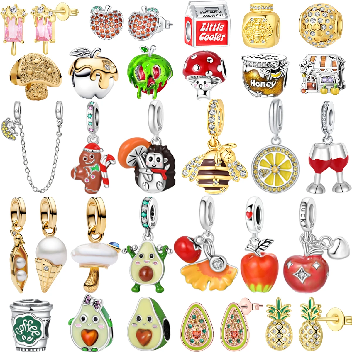 Abalorios Originales de Plata de Ley 925 con Forma de Manzana, Champiñón, Aguacate y Miel, para Pulseras, Collares, Joyería DIY para Mujer, Regalo
