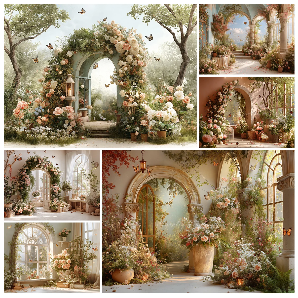 Arch With Roses And Greenery Butterflies Flying Around White Background Kids Adult Photography Props Child Baby Photocall Decor