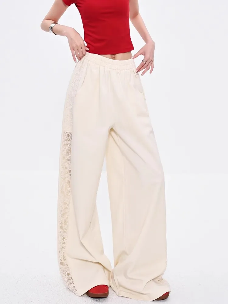

Sweet Spicy Lace Spliced Wide Leg Pants Women's Casual Pants 2025 New Summer Loose Elastic Waist Straight Pants