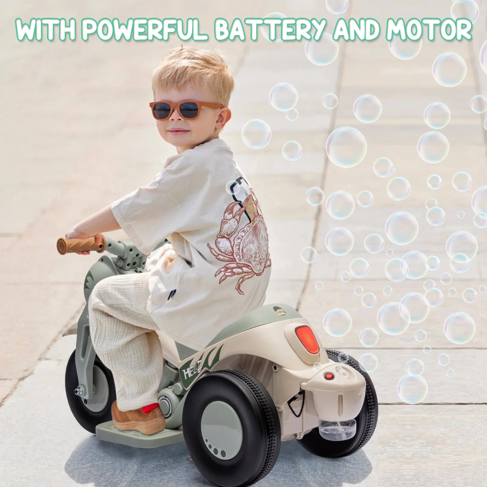 Coche de burbujas para niños, motocicleta eléctrica con batería de 6V, velocidad de 1,9 MPH con faros LED, música, juguetes de motocicleta de 3 ruedas