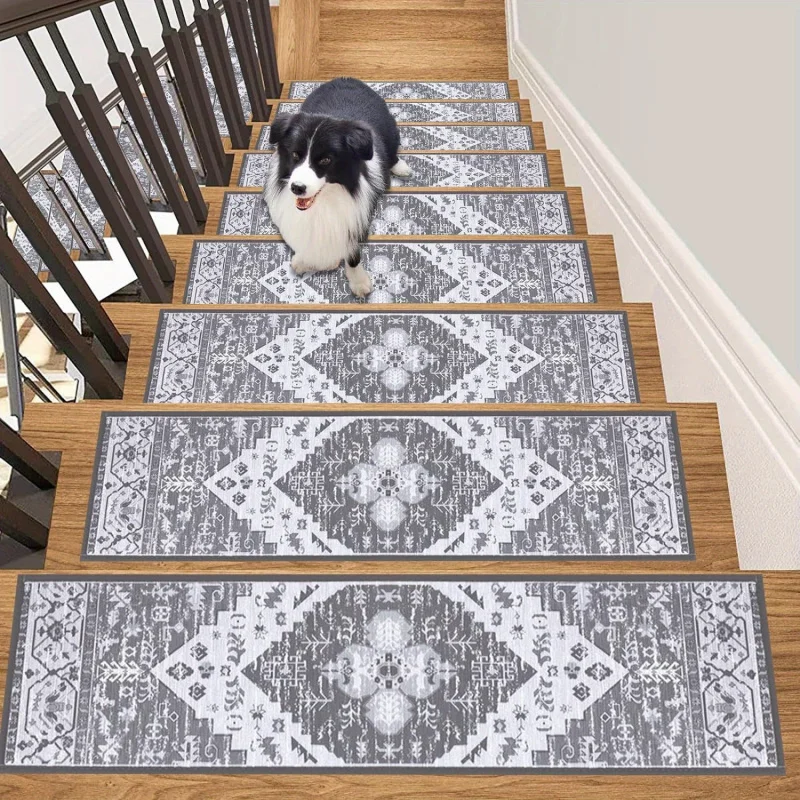 

VIKAMA 15-Piece Set of Gray Geometric Patterned Floor Mats – Non-Slip, Easy-Care Stair Treads for Home Interior Decoration