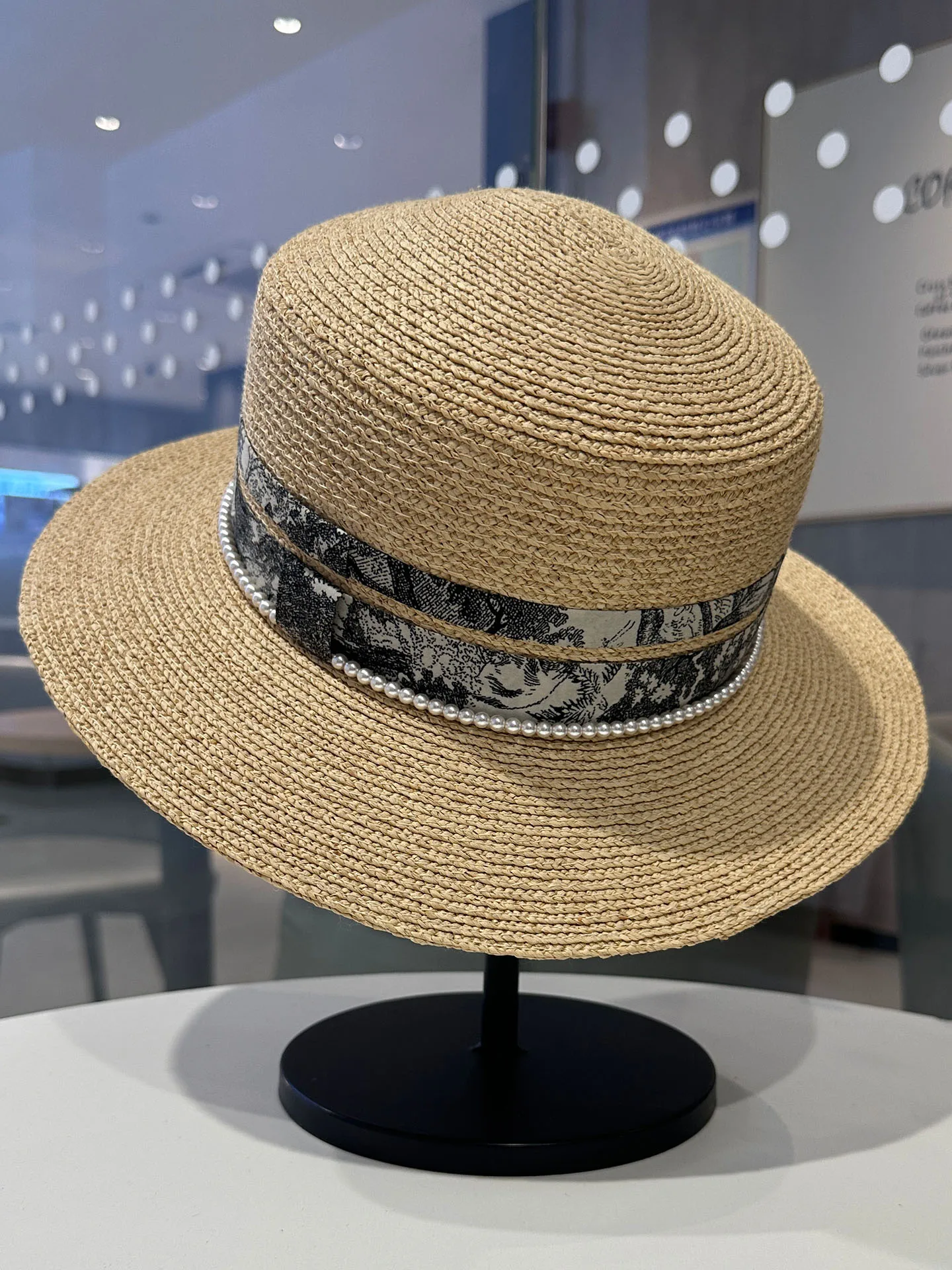 hebe-style-pearl-decorated-flat-top-hat-women's-summer-beach-sand-elegant-nature-sunshade-gift-hat-breathable-woven-fiber