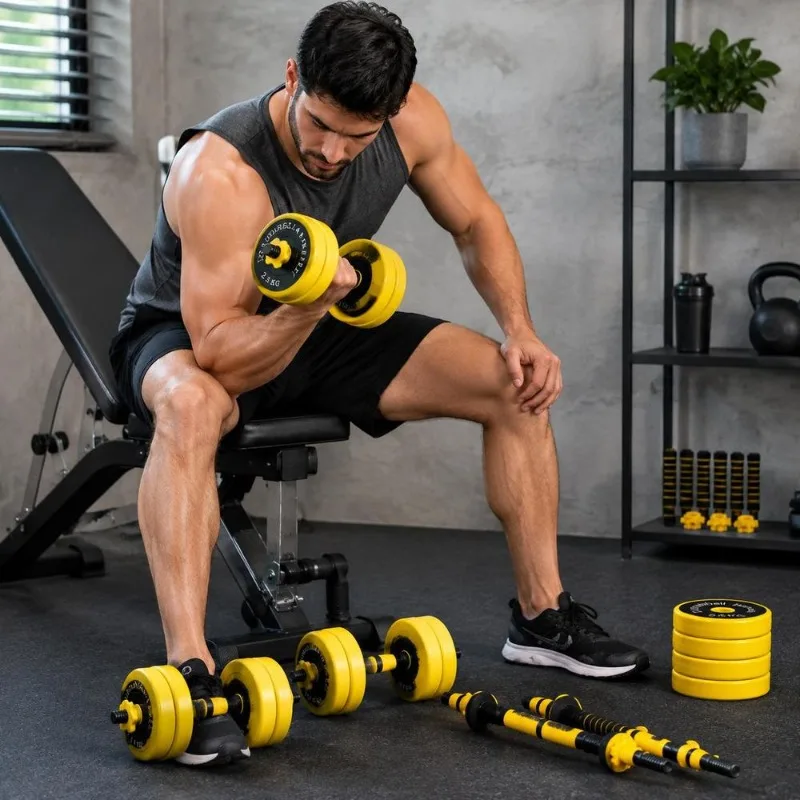 Haltères et barre de musculation réglables 25 kg, en fer et polypropylène, montage rapide en quelques secondes pour le renforcement musculaire, l'endurance et la santé cardiovasculaire