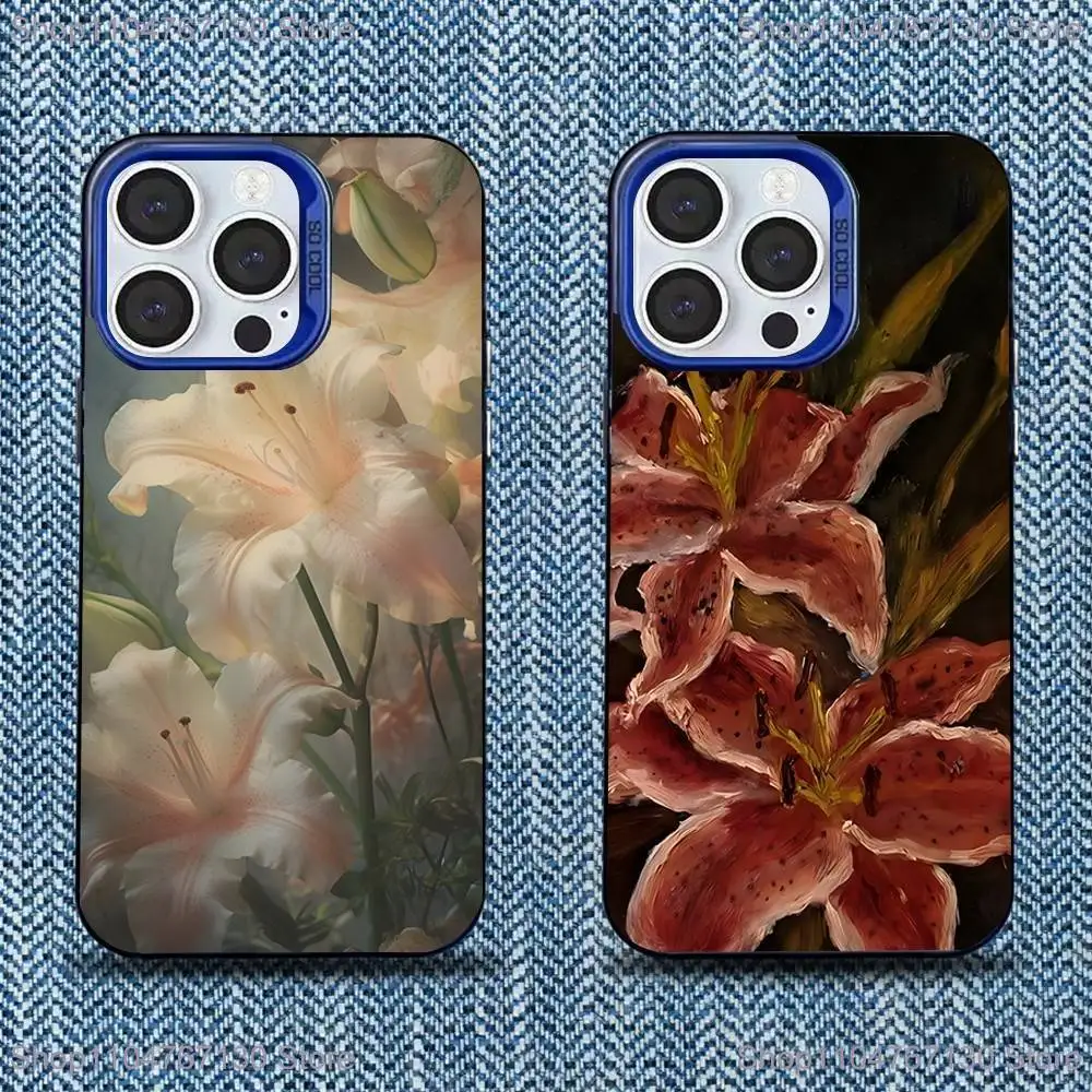 

Oil Painting Lily Flower Retro Pattern Phone Case For iPhone 17,16,15,14,13,12,11,Mini,Pro,SE,MAX Blue Matte Silicone Cover