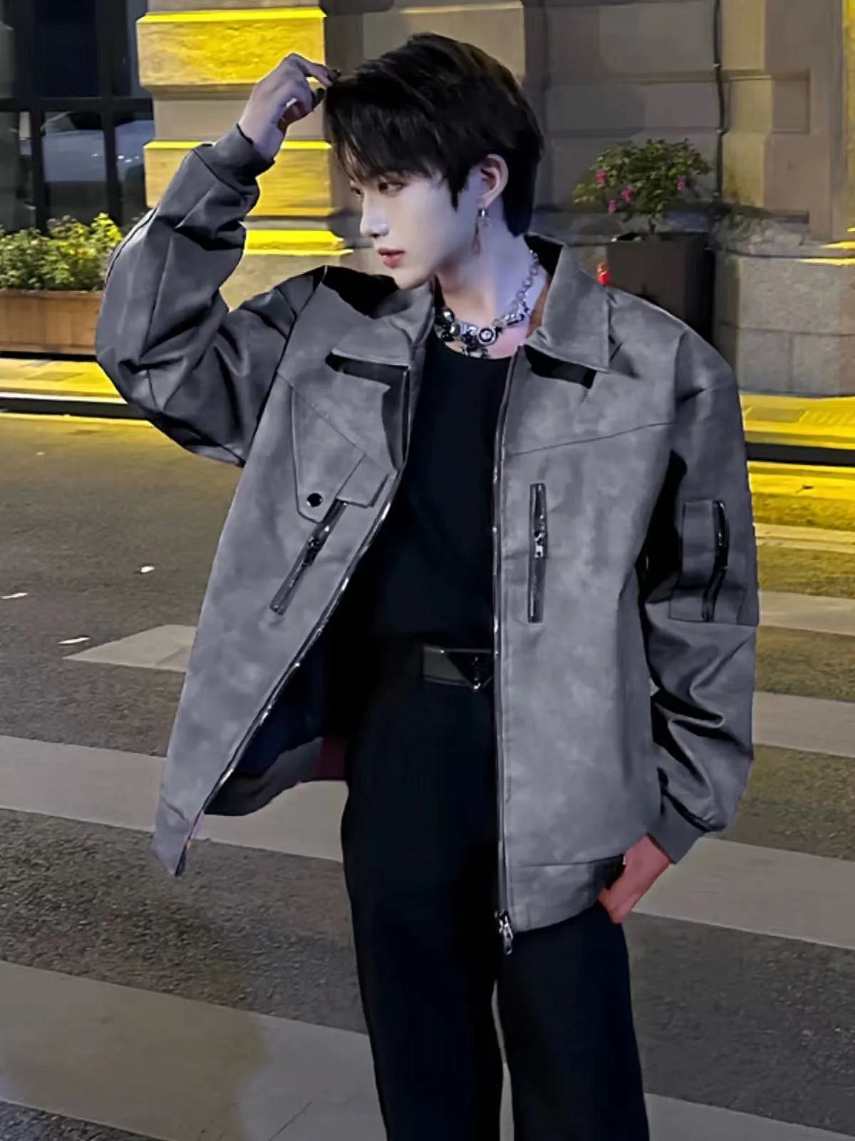 

American Vintage ort Leather Jaet Men's Spring Autumn Sle Trendy Brand Cool High-End Feel Collar Biker Clothes Jaet