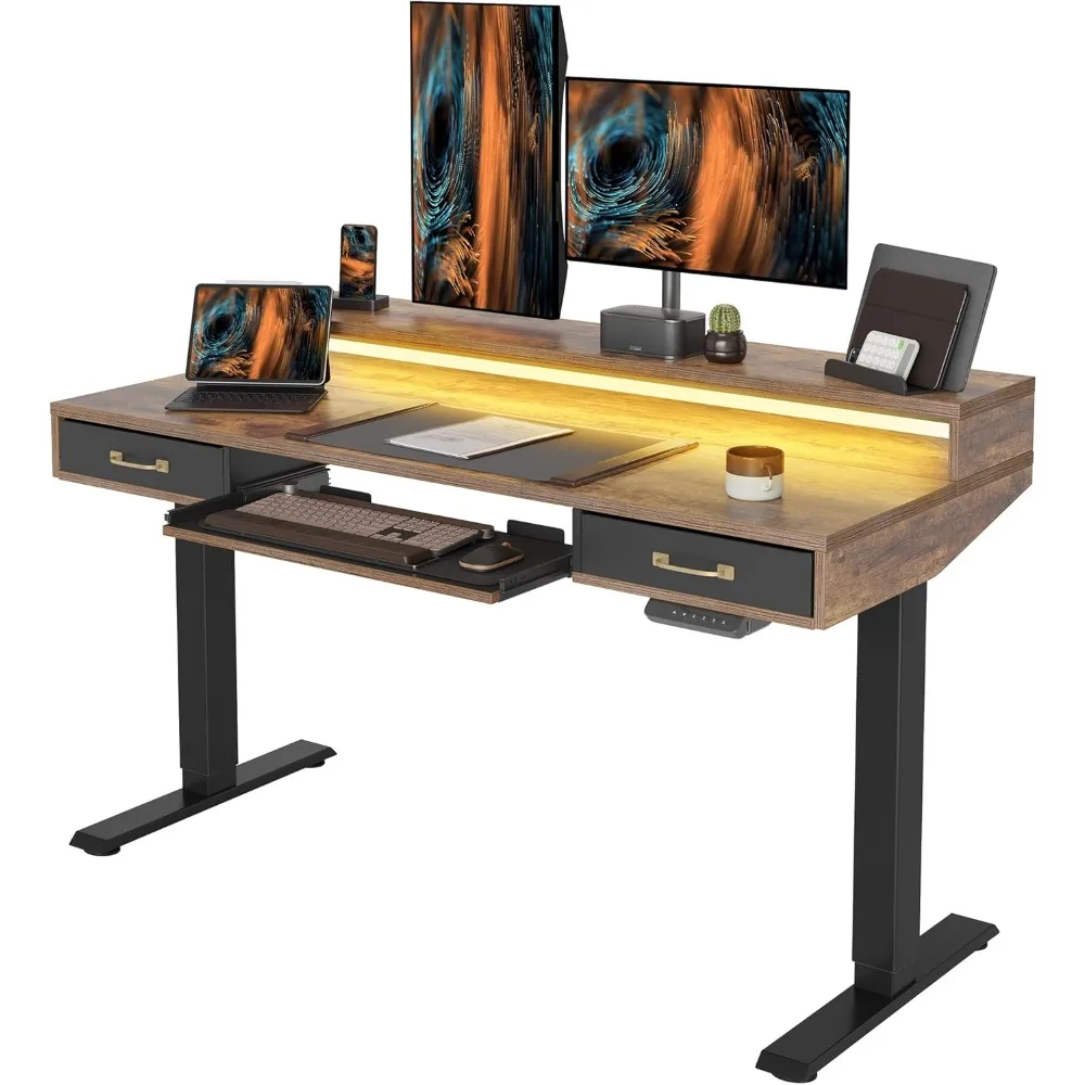 

55 x 24 Inch Height Adjustable Electric Standing Desk with Double Drawers&Keyboard Tray, Stand Up Desk with LED Strips&Monitor