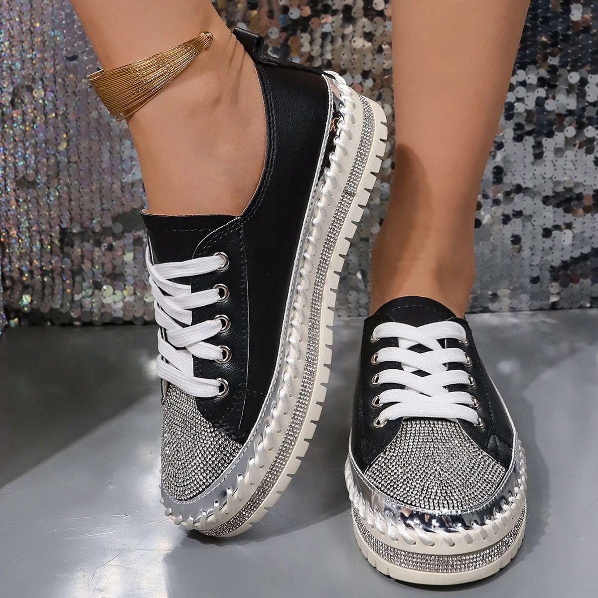 New Shoes for Women Sneakers Crystal Thick Soles Casual Rhinestones PU Walking Flats Thick Bottom Lace Up Shoes Plus Size 43