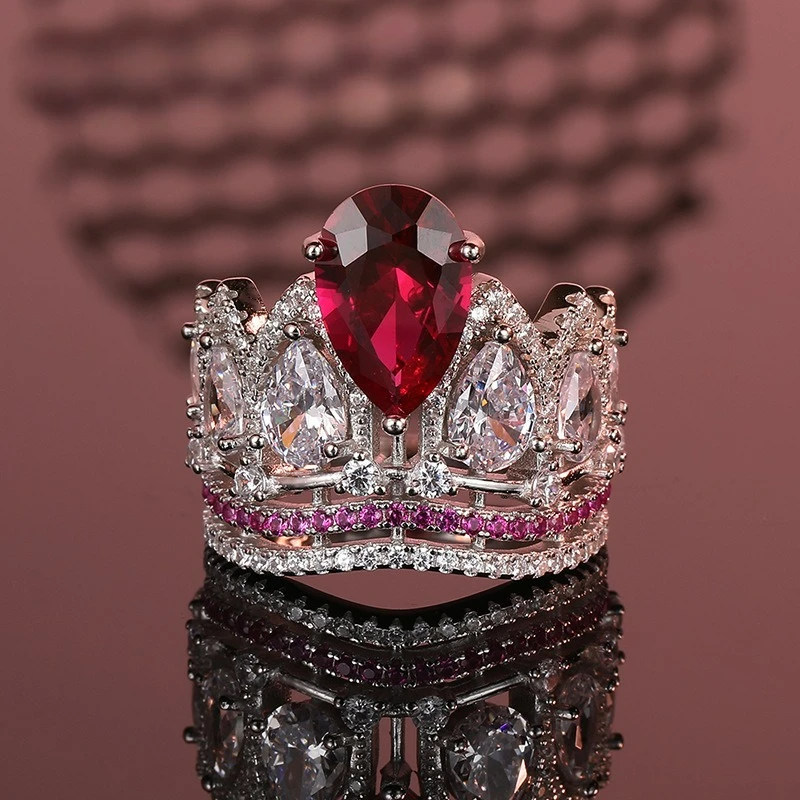

European and American PT950 Platinum Artificially Cultivated Gemstone Crown Water Drop Ring Red Gemstone Full Diamond Ring