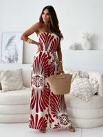 Strapless Smocked Tube Top Jumpsuit Women Wide Leg Printed Palazzo Pants Boho Vacation Beach Long Romper Summer Outfit - Image 4