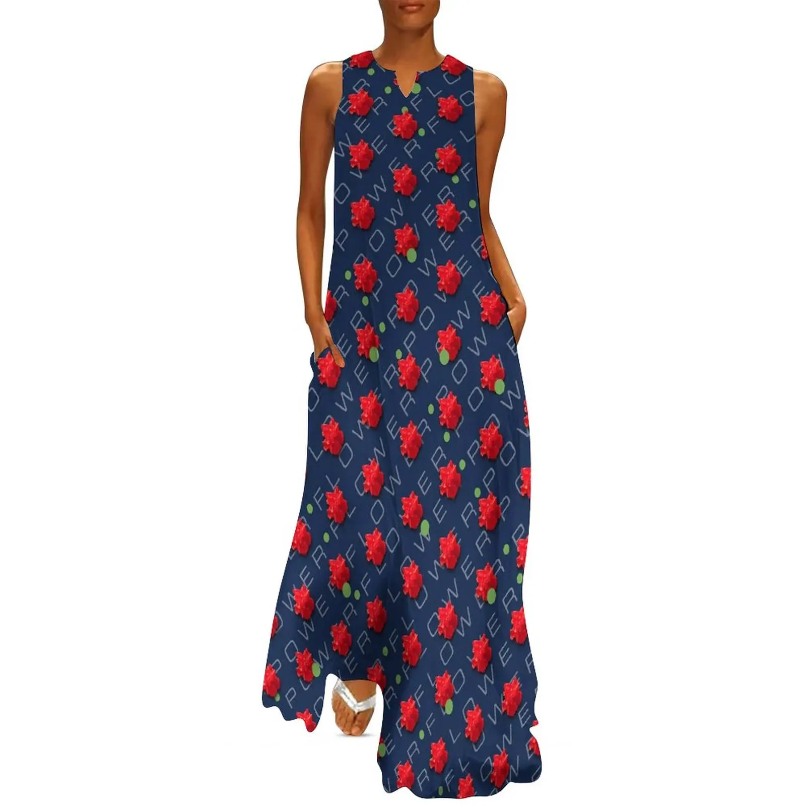 Flower Power Dress Red Floral Print Vintage Maxi Dress Aesthetic Bohemia Long Dresses Summer Sleeveless Custom Vestidos Big Size