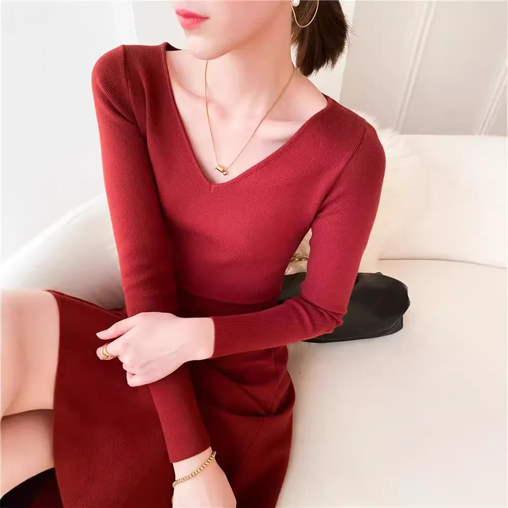 

2630 Spring Hong Kong Style Elegant V-Neck Waist-Cinching Slimming Over-Knee Long Knitted Flared Dress For Women