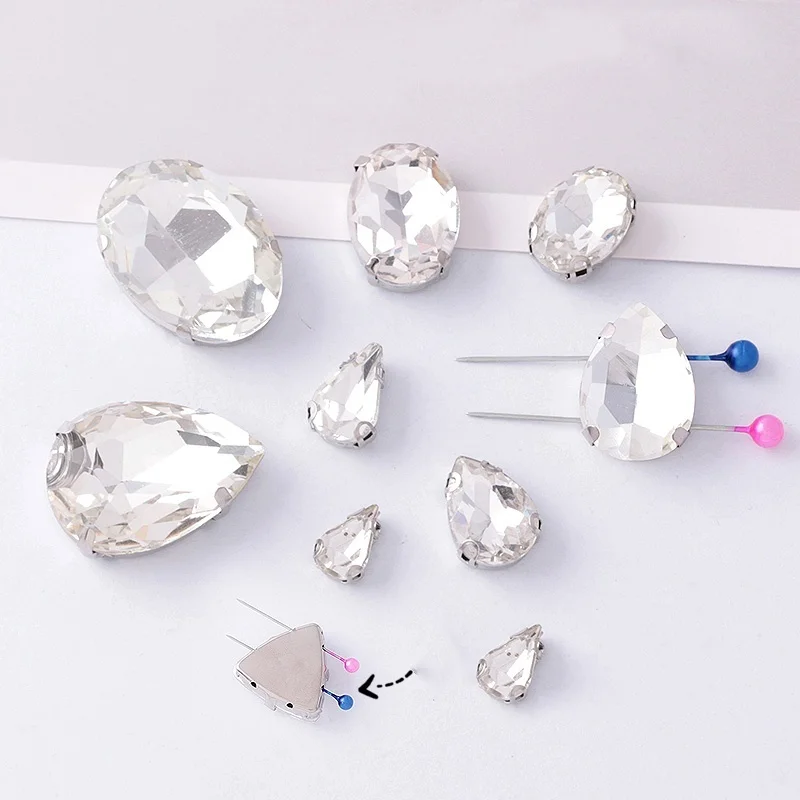 10PCS/Bag Crystal With White K Claw Stainless Steel Setting Rhinestones Glass Sew on Stone Strass For Wedding Dress Shoes Bags