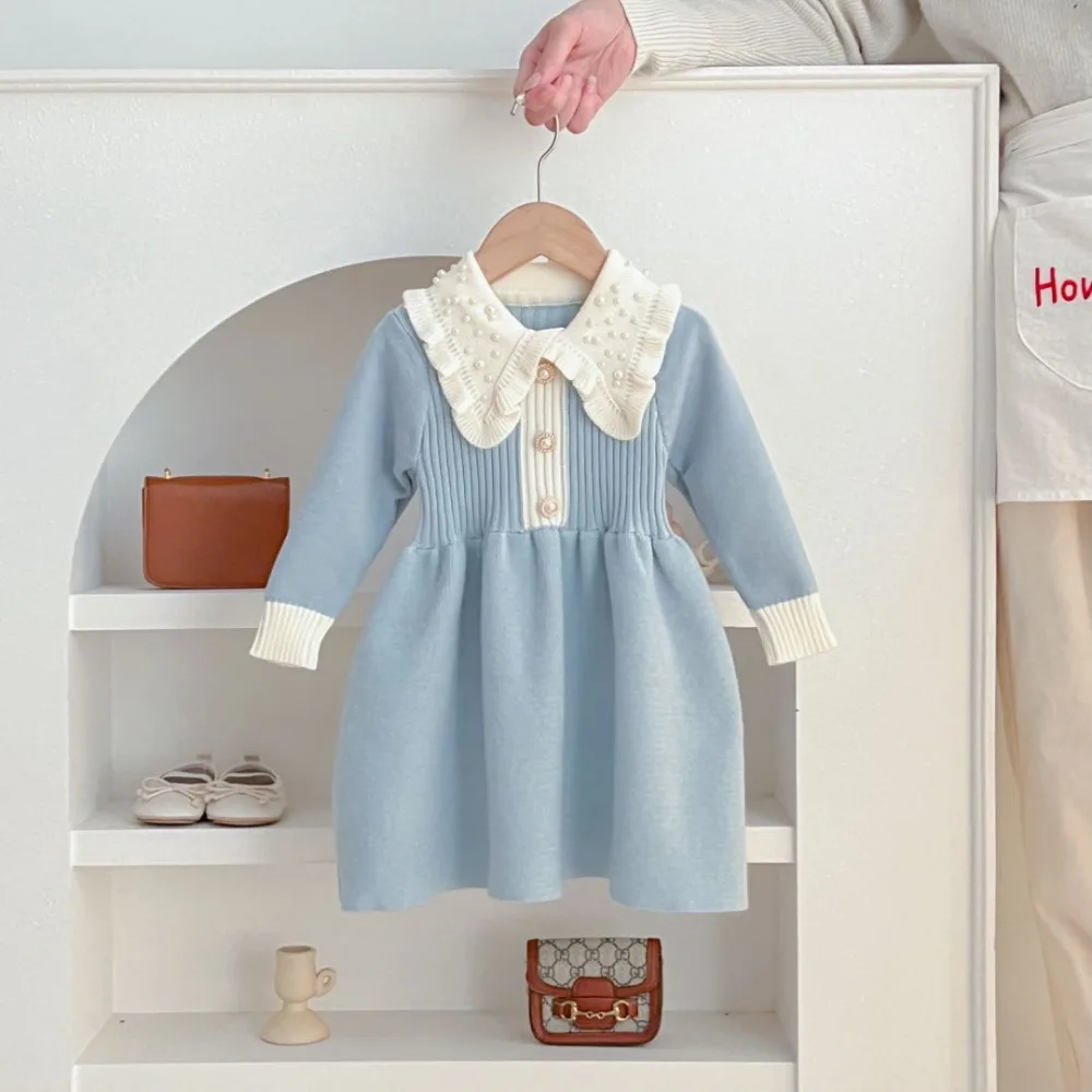 

Korean Version Blue Long Sleeved Knitted Girls Dresses Autumn and Winter New White Lapel Pearl Decoration Princess Dress