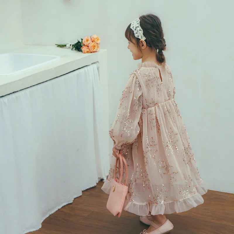 Spring Girls Long Sleeve Sequin Dress Children\'s Clothing Girl\'s Pink Stripe Fairy Dress Lace Edge Princess Birthday Dresses