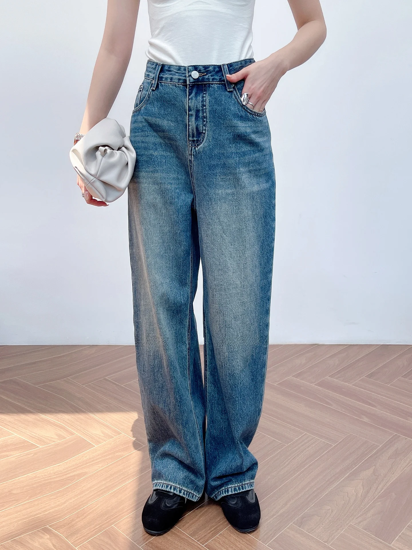 

Мягкие широкие джинсы с высокой талией, прямой крой, женские модные корейские джинсы, осеннее новое поступление, универсальные хлопковые брюки