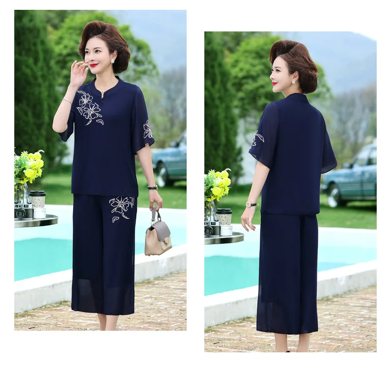 Sets For Women 2 Pieces 3/4 Sleeve Length Spring Autumn Trousers Sets New Middle Aged Mother Outfit Elegant Grandma Suit XL-5XL