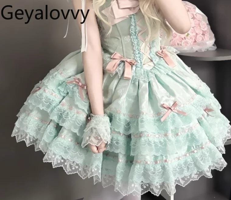 

Sweet Cute Lolita Dresses Girls Sweet Bow Lace-up Flying Sleeve Dress Summer New Slim Waist Banquet Pleated Tutu Princess Dress