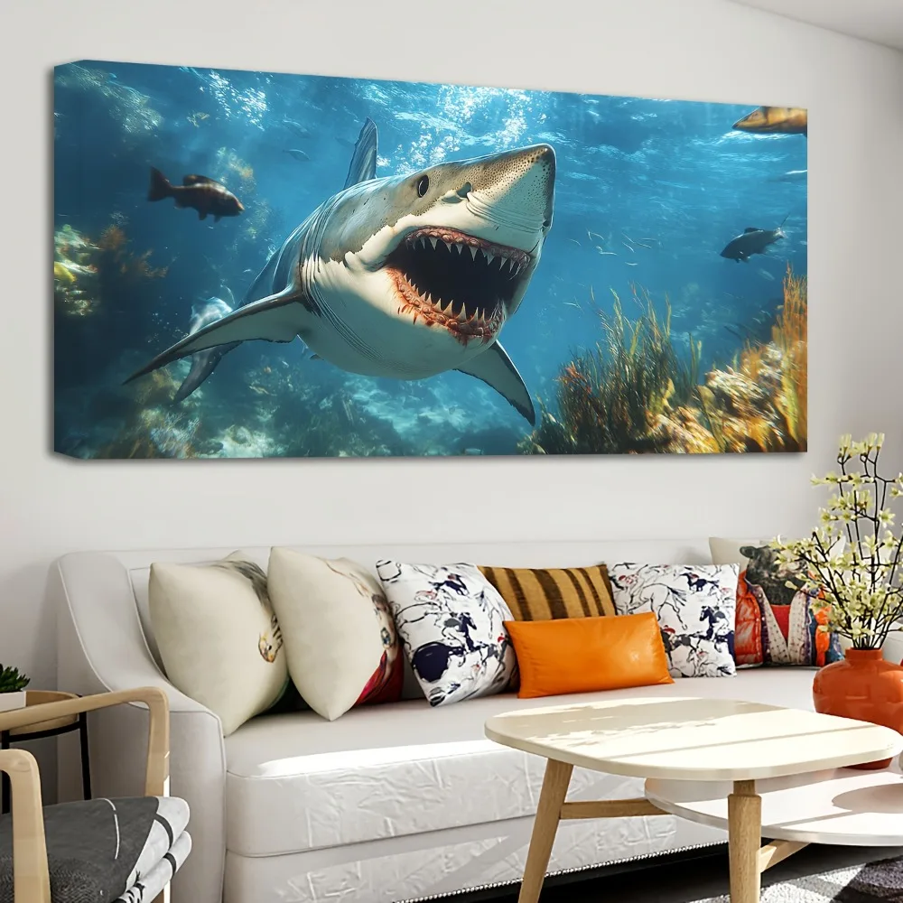 

1.5 inch thick pine solid wood frame, Great white shark fishing canvas painting animal pictures home decor