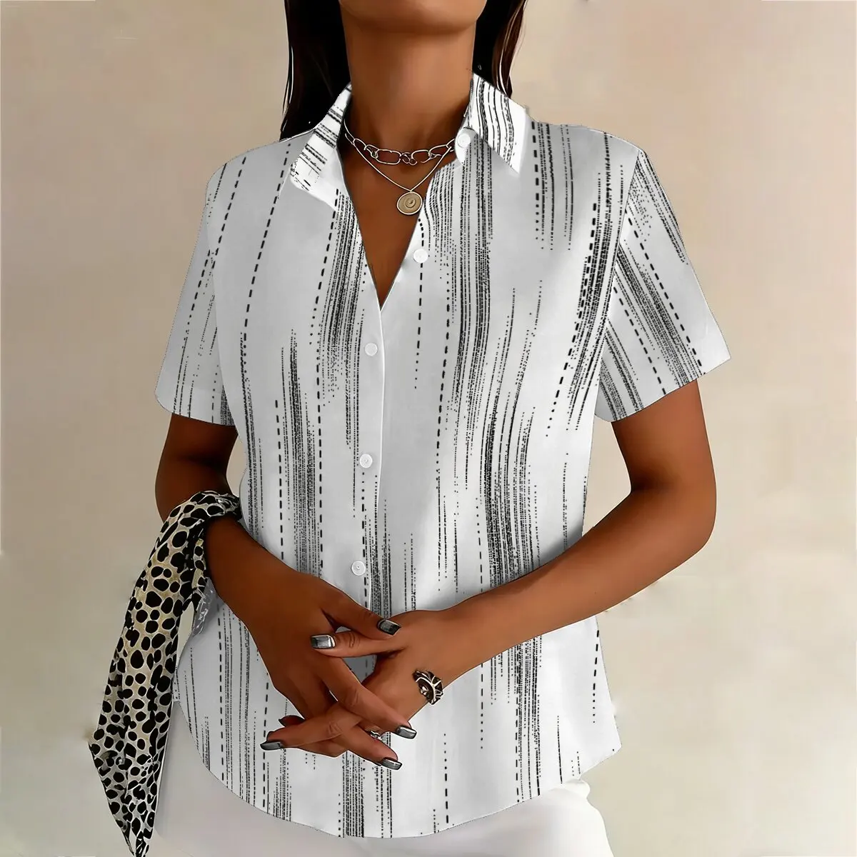 Fashion Women's Plus-Size Short-Sleeve Shirt for Summer, Ink-Wash Minimalist Literary Style, Elegant and Suitable for Workplace view 2