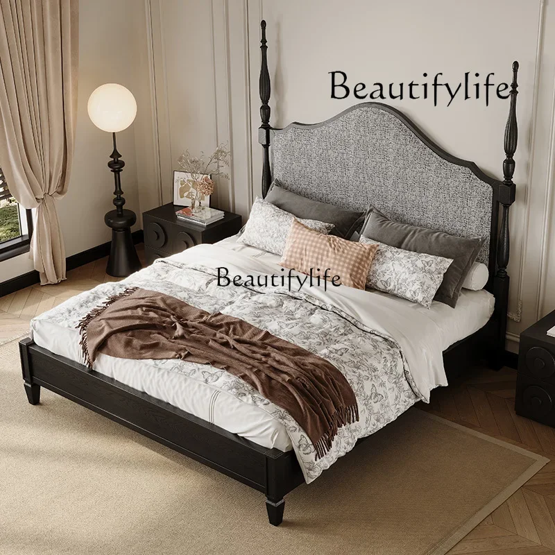 

yj19 French retro old Paris solid wood double bed American country soft bag bed high back fabric jacquard bed